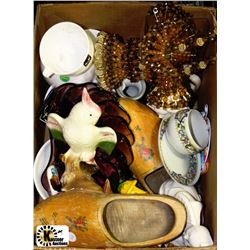 BOX WITH MISC GLASS, VINTAGE BIRDS, CHINESE