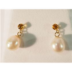 14K GOLD CITRINE & FRESHWATER PEARL EARRINGS