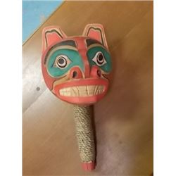 UNIQUE CARVED FIRST NATIONS  - SHAMAN'S RATTLE - 12" L X 6" DIAMETER