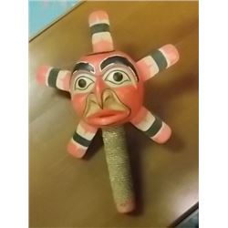 UNIQUE CARVED FIRST NATIONS  - SHAMAN'S SUN RATTLE - 12" L X 13" DIAMETER OF SUN RAYS