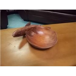 UNIQUE CARVED TEAK WOOD BOWL WITH SALMON - 12" X 10" - (one fin as is)