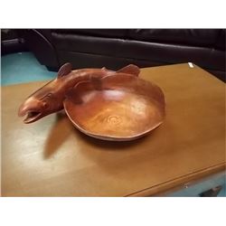 UNIQUE CARVED TEAK WOOD BOWL WITH SALMON - 12" X 10" - (one fin as is)