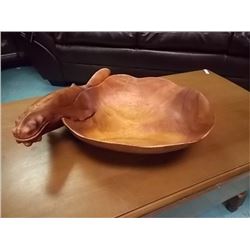UNIQUE CARVED TEAK WOOD BOWL WITH HUMPBACK WHALE - 12" X 10 ½"  - (one fin as is)