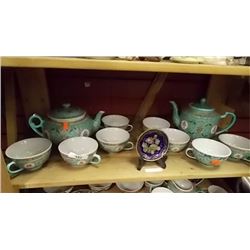 SHELF LOT OF TEA POTS AND MORE