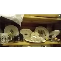 SHELF LOT OF CHINA DISHES, ELEPHANT AND MORE