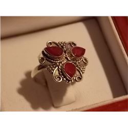 RING -RICH PEAR FACETTED RUBIES IN STERLING SILVER SETTING - RETAIL ~$300