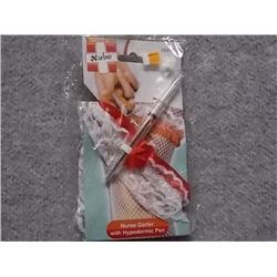 LINGERIE - NEW LADIES LEG GARTER BELT - NURSE MOTIF - COMES WITH NEEDLE ATTACHED - WHITE WITH RED AC