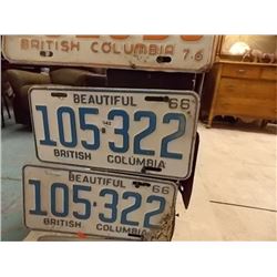 VINTAGE PAIR OF LICENSE PLATES - BC - 1966