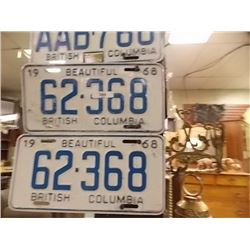 VINTAGE PAIR OF LICENSE PLATES - BC - 1968