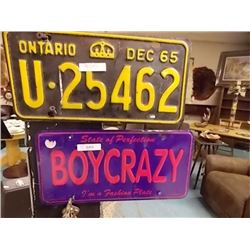VINTAGE PAIR OF LICENSE PLATES - ONTARIO PLATE 65- BOY CRAZY PLATE = 2 TTL