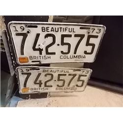 VINTAGE PAIR OF LICENSE PLATES - BC - 1973