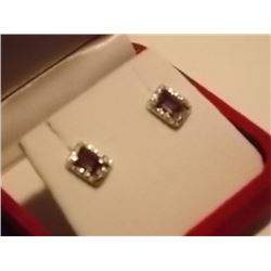 EARRINGS - NEW - EMERALD FACETTED AMETHYST (1.1CTW) AND GENUINE DIAMONDS IN STERLING SILVER SETTING 