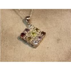 NECKLACE - MULTI GEMSTONE & DIAMONDS SET IN STERLING SILVER SETTING - 9 GENUINE ROUND FACETTED GEMS 