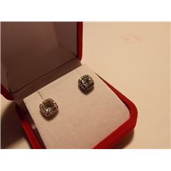 EARRINGS - CUSION CUT BLUE TOPAZ & GENUINE DIAMONDS STUD EARRINGS IN STERLING SILVER SETTING - APPRO