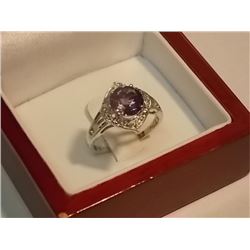 RING - DINNER RING WITH  AMETHYST & GENUINE DIAMONDS IN STERLING SILVER SETTING - INCLUDES CERTIFICA