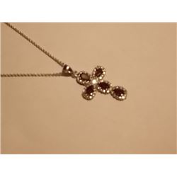 NECKLACE - 1.25 CTW GARNET & GENUINE DIAMOND IN STERLING SILVER CROSS DESIGN SETTING ON STERLING SIL
