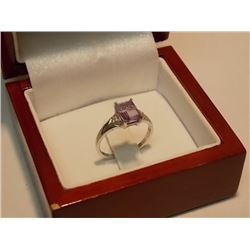 RING - EMERALD FACETTED AMETHYST & GENUINE DIAMOND IN STERLING SILVER SETTING - RETAIL APPROX. $275