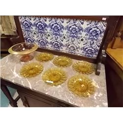 VINTAGE DEPRESSION GLASS - 6 AMBER GLASS PIE PLATES AND ROSE GLASS PEDESTAL CANDY DISH = 7 PC TTL