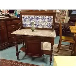 ANTIQUE WASHSTAND - MARBLE TOP - WITH DELFT BLUE TILE BACK SPLASH - REALLY GOOD CONDITION