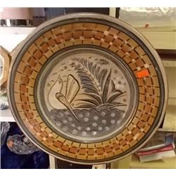 VINTAGE TONALA "J CAMPA" MEXICO CLAY POTTERY PLATE SIGNED - WITH HANGING STRING ON BACK