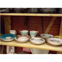 SHELF LOT OF COLLECTABLE TEA CUPS AND SAUCERS