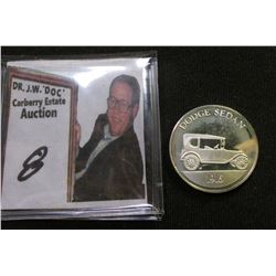 1916 Dodge Sedan Sterling Silver Medal, Proof, 26mm; & an advertising Card "Own a Late Model 1937 Do