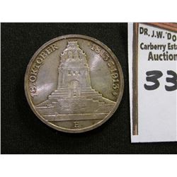 1913 E Saxony, Germany Three Mark Silver. Toned AU-BU. KM1275.