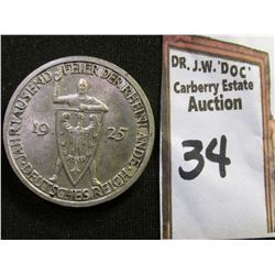 1925 A Weimar, Germany Three Mark Silver. Toned AU-BU. KM46.