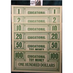 Educational Toy Money. A. Flanagan Company - Chicago. $1., $2., $5., $10., $20., $50. & $100.  Unuse