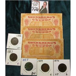 Circa 1907, Shenkberg's(3) 1c Co-Operative Coupons, Sioux City, Iowa; & 1886, 87, 88, 89 & 90 Indian