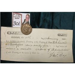 1845 U.S. Large Cent & Jan. 15th, 1841 receipt from James Clarke, Secretary of the Territory of Iowa