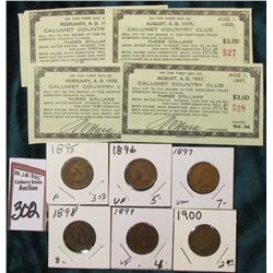 1896-1900 Consecutive Date Indian Head Cents, VG-VF & (4) Different $3.00 Pay to Bearer Tickets "Cal