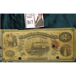 1867 Macon, Ga. "The Macon & Brunswick Railroad Company Two Dollar Fare Ticket Receivable in Currenc