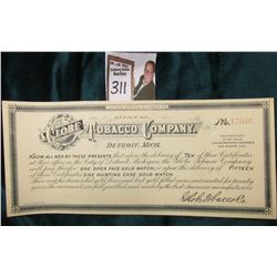 "United States of America Office of Globe Tobacco Company Detroit, Mich. Know All Men By These Prese