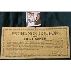 Depression Scrip. "Exchange Coupon Value No. 80 Fifty Cents Earlham, Iowa April 22, 1933, 1933, coup