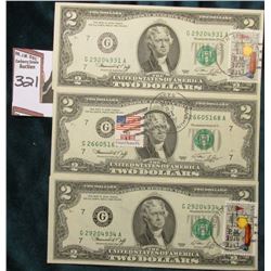 (3) Series 1976 $2 Federal Reserve Notes all stamped, and Cancelled with (2) Postmarked Apr 13, 1976