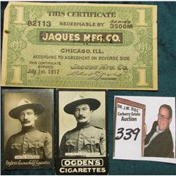 July 1st, 1917 "This Certificate 82113 Redeemable By Series 3500M Jaques Mg. Co. Chicago, Ill…"; (2)