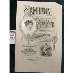 Early Vignette Advertising sheet "Hamilton Bank Note Engraving & Printing". RU corner missing. Vigne