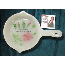 Milk Glass Skillet "Souvenir of Spencer, Iowa." Hand-painted floral design. No chips or apparent dam