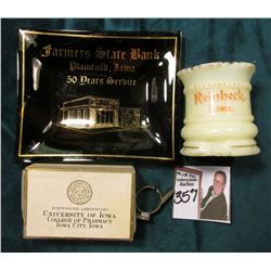 Small Custard Cup, White Glass "Reinbeck, Iowa." Large chip at base; Small Cardboard Box "State Univ