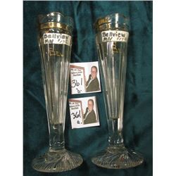 (2) 7" Clear Glass Souvenir Rose Vases from "Belview, Minn." gold-trimmed.