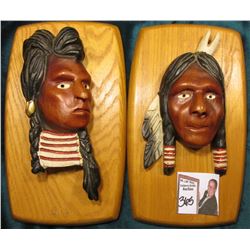 Pair of Wooden Indian Carved Wall Plaques, hand painted. Folk Art Carvings.