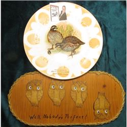 Quail design Souvenir Plate "Compliments of John E. Fullmer Deep River, Iowa."; & a homemade Wall ha