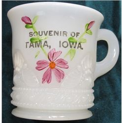 Milk Glass Cup "Souvenir of Tama, Iowa." Floral design. No chips or apparent damage.