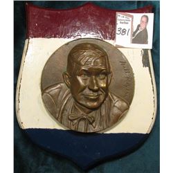 "Will Rogers" Large Bronze Wall Plaque Medal mounted on a Wooden Red, White, and Blue Shield. None e