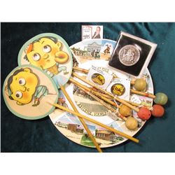 "Old Abilene Town Abilene, Kansas" Souvenir Plate, 9 1/4" diameter; Pair of Dancing Eyes Fans 1940-5