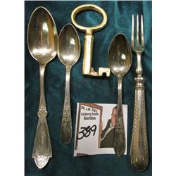 4 pcs. of Old Silverware and an Unusually Large old Key, which maybe brass.