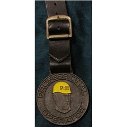 Brass Watch Fob with leather strap "Professional Operator", "Cranes &/Excavators Unlimited/Harnische