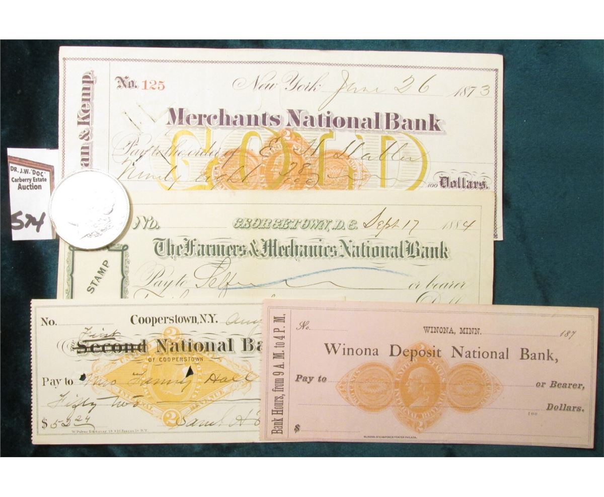 (4) 1800 era Bank Checks (one payable in Gold) & 1878 P U.S. Morgan ...
