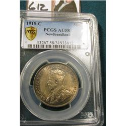 1918c Silver 50C Newfoundland PCGS 58 #33267.58/31933812 Blue & Gray Tone